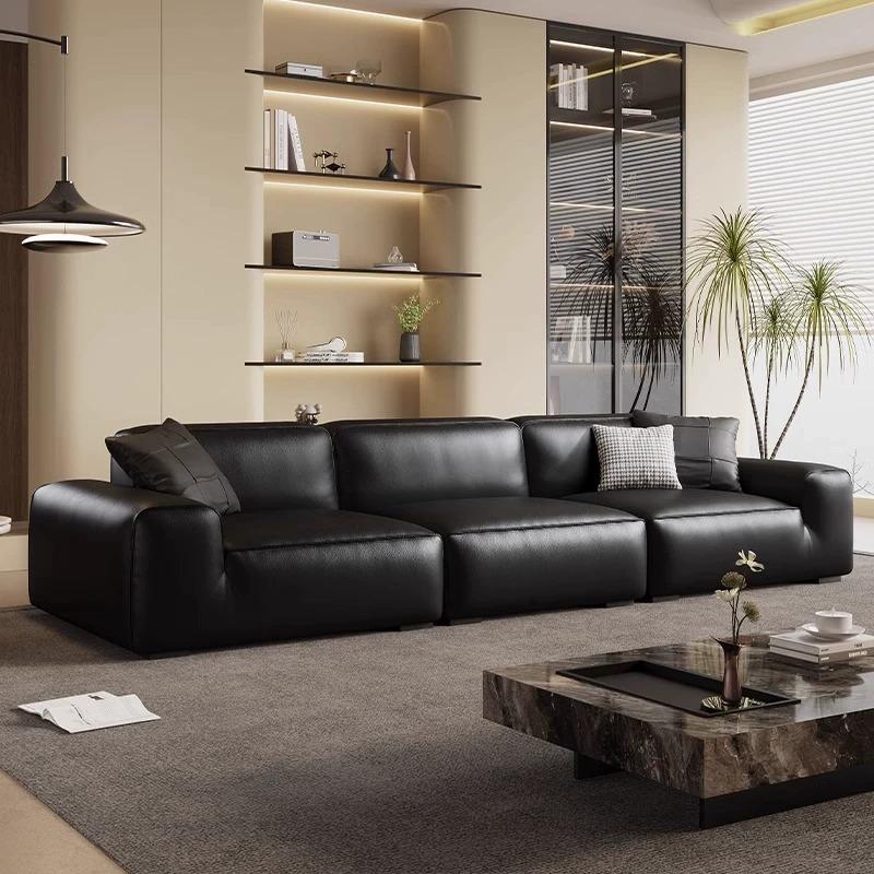 意式极简大黑牛沙发头层牛皮客厅小户型黑色直排豆腐块沙发