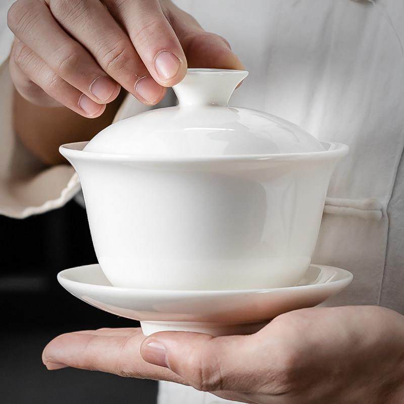 德化白瓷三才盖碗 八宝茶盖碗大号300ml 泡茶碗陶瓷功夫茶具配件