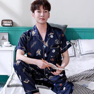 男士睡衣夏季薄款冰丝家居服男款丝质短袖长裤卡通丝绸加大码套装