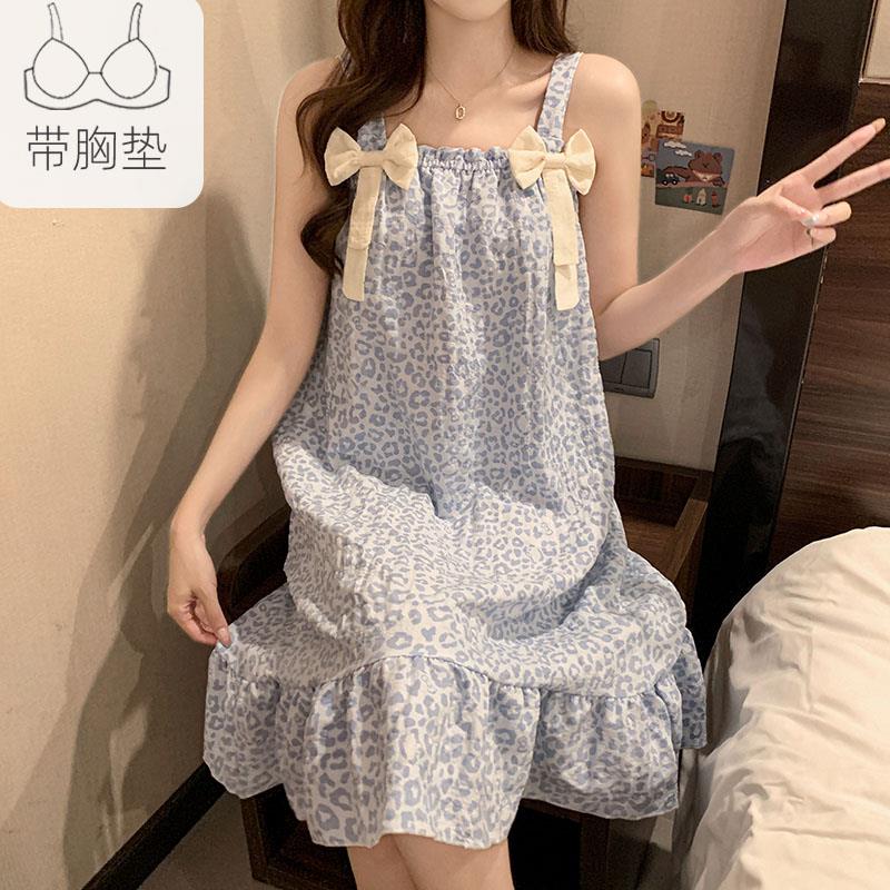 蓝色豹纹吊带睡裙女2026新款夏季带胸垫家居服中长款甜美无袖睡衣