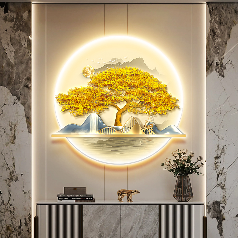 现货速发发财树入户玄关装饰画新中式山水走廊挂画轻奢金钱树圆形图片