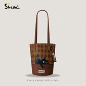 拾嘉X格纹passion黑猫 包包女2025新款 大容量单肩斜挎通勤水桶包