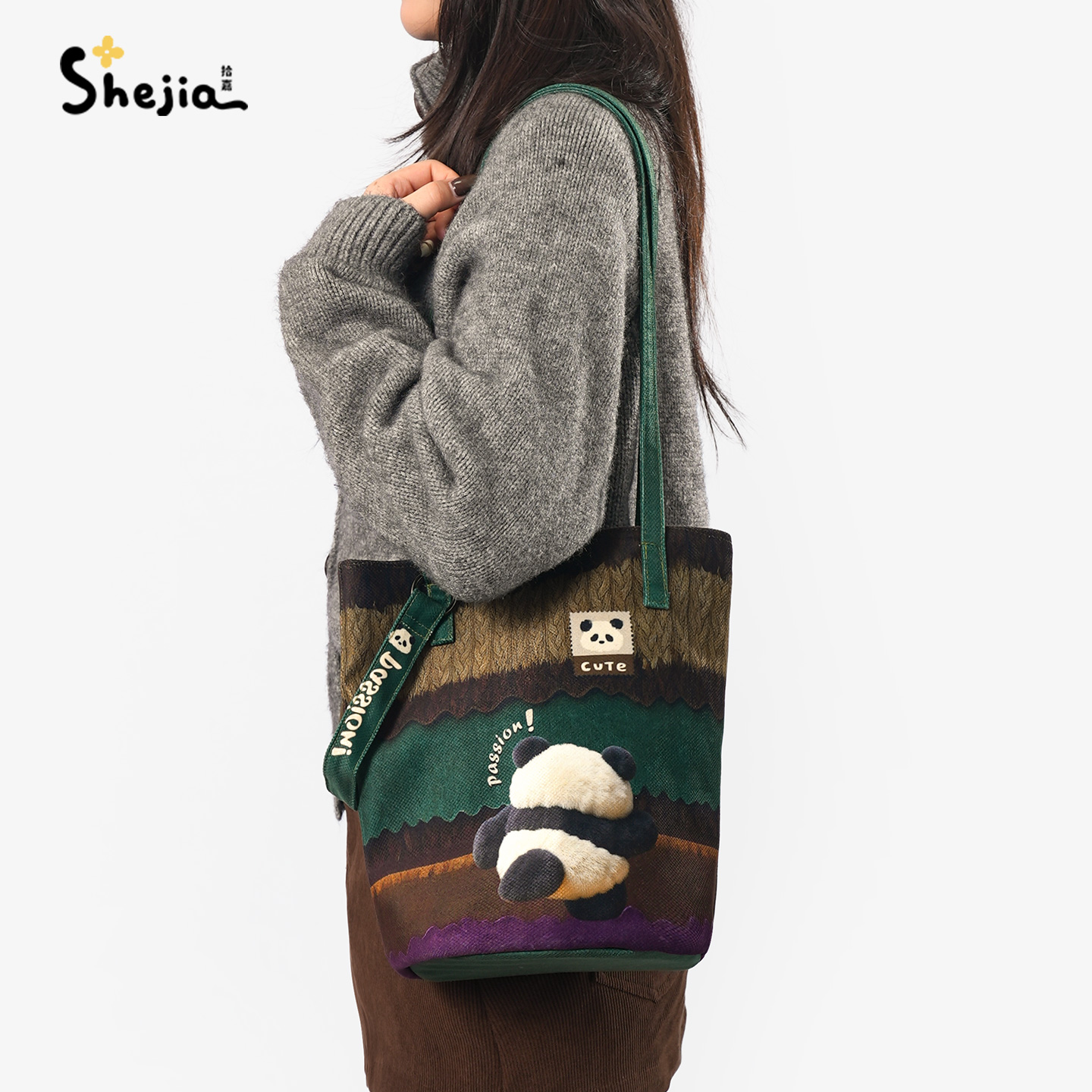 拾嘉立体针织熊猫水桶包包女单肩包斜跨夹棉包大容量上班通勤休闲