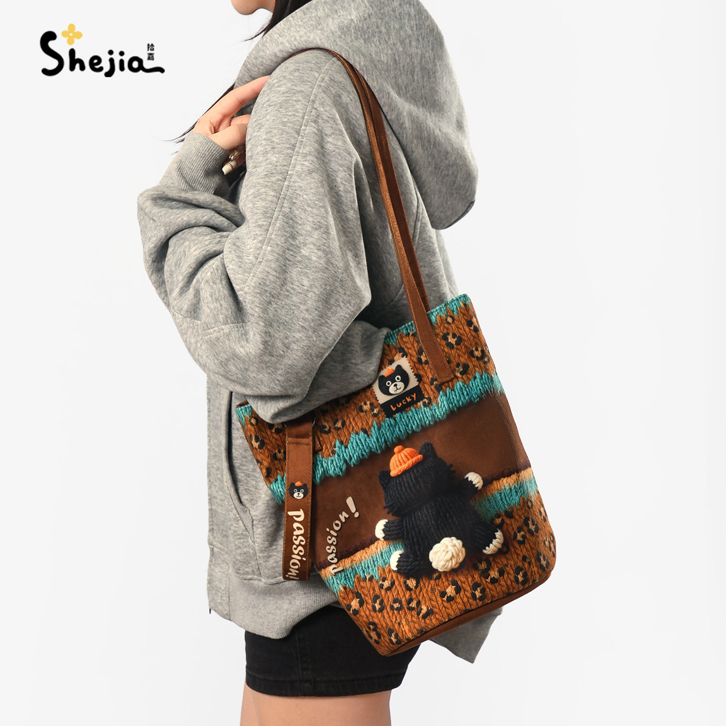 拾嘉针织立体黑猫通勤大容量水桶包单肩帆布包包女手提【6.6折】