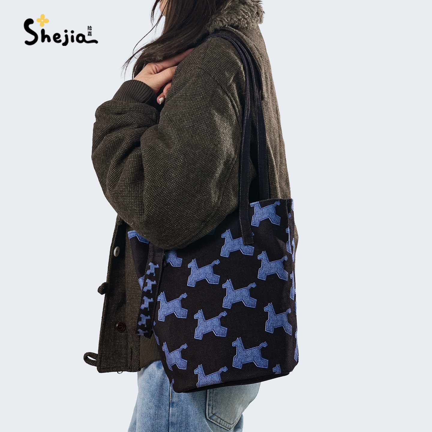 牛仔小马奔腾水桶包女帆布斜挎包