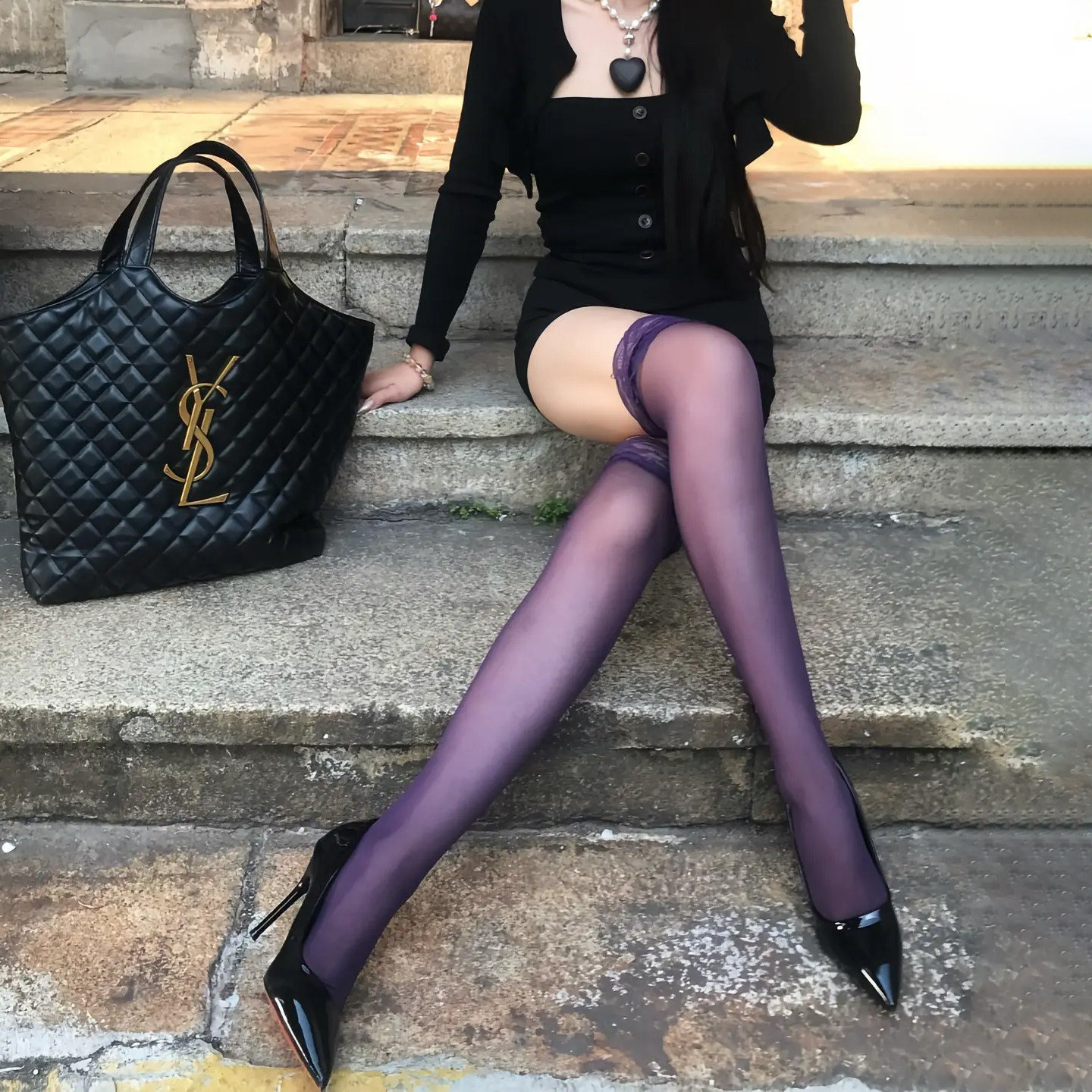 极简紫色过膝丝袜女优雅气质性感过膝袜透气薄款连裤袜显瘦打底袜