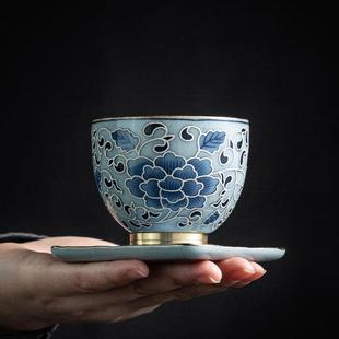 手绘茶具柴窑青花景德镇老陶泥茶杯主人单杯缠枝莲杯手工内绘茶碗