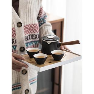泡茶壶家用现代陶瓷茶水分离壶功夫茶具套装 苏灵黑陶木柄侧把日式