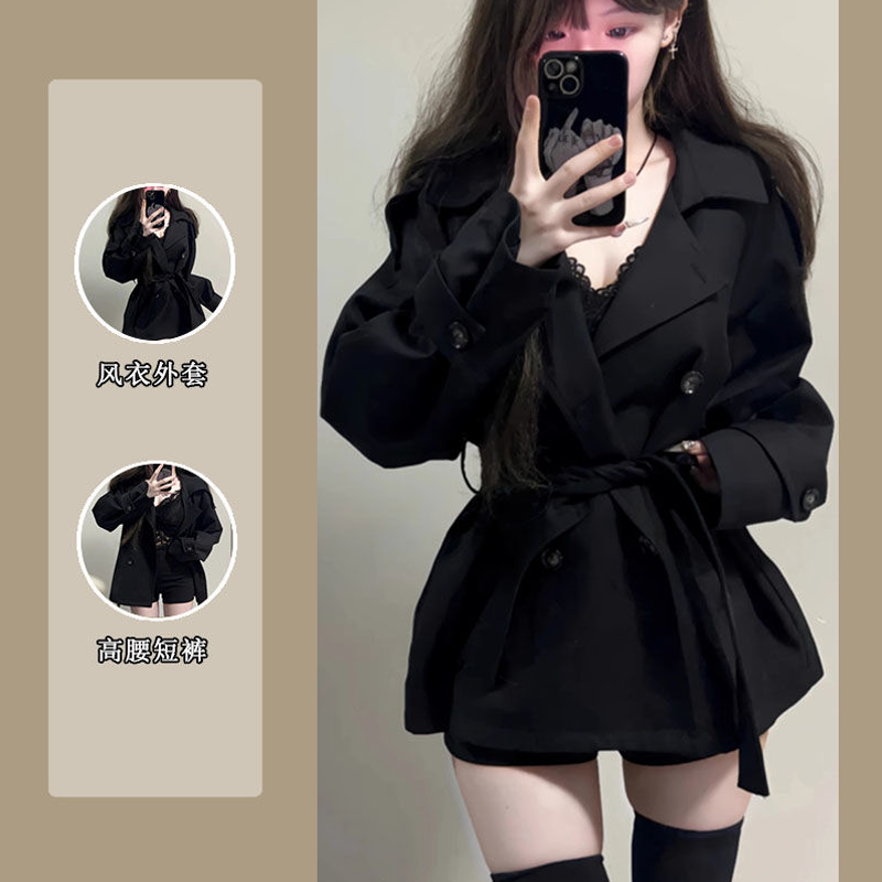 黑色收腰风衣外套蕾丝吊带短裤三件套女秋冬超火贵气感御姐套装