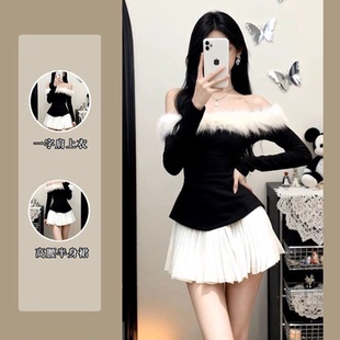 黑色一字肩拼接上衣高腰半身裙两件套女秋冬高级纯欲性感辣妹套装