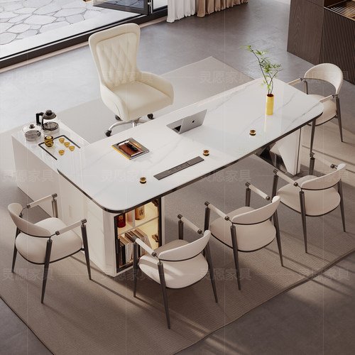 灵愿家具轻奢岩板办公一体泡茶桌