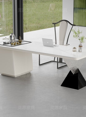 奶油风岩板茶桌椅组合轻奢现代高端茶台办公一体洽谈接待泡茶桌