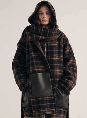 ATELIO·格纹羊毛双面呢PU贴袋长围巾