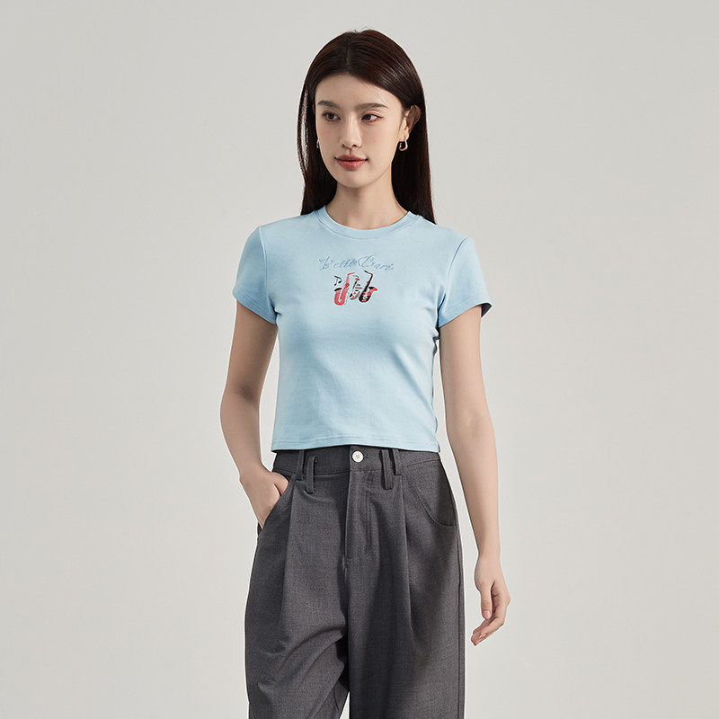 Petit Bari女士撞色乐器印花短袖T恤 圆领修身型显瘦百搭蓝色小众