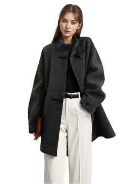 Petit Bari复古深灰大衣 立领牛角扣设计 中长款毛呢外套女