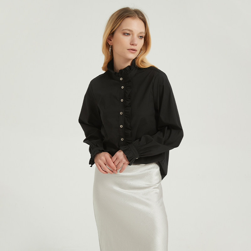 Petit Bari春夏不对称花边小高领长袖衬衫女棉质亲肤透气显