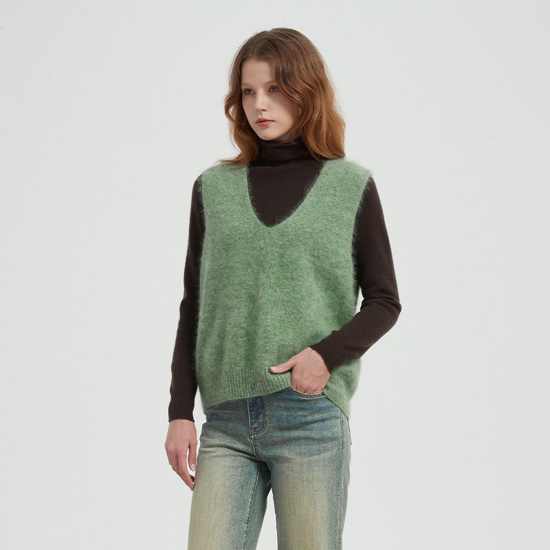 Petit Bari质感纯色拉绒长绒羊毛羊绒针织背心马甲女 秋冬