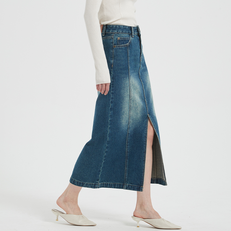 PetitBari高腰开叉牛仔半身裙女