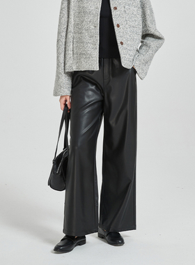 Petit Bari率性垂坠抽绳直筒休闲皮裤黑色皮裤高腰设计 宽松阔腿