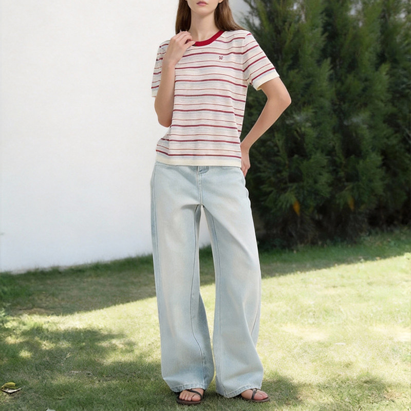 Petit Bari白色弯刀阔腿牛仔裤女高腰宽松直筒立体分割显瘦拖地裤