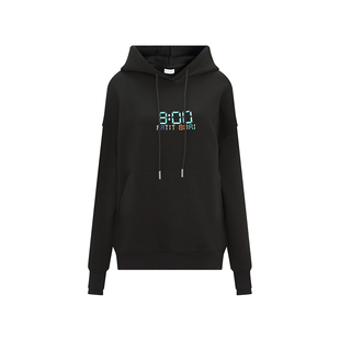 Petit Bari黑色加绒连帽卫衣女数字印花潮酷宽松秋冬保暖套头上衣