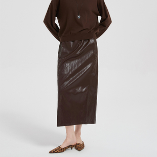 Petit Bari时髦油蜡肌理开衩皮裙半身裙