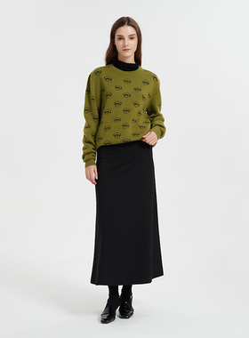 Petit Bari双面精梳棉高腰A字半身裙 长款显瘦通勤黑裙