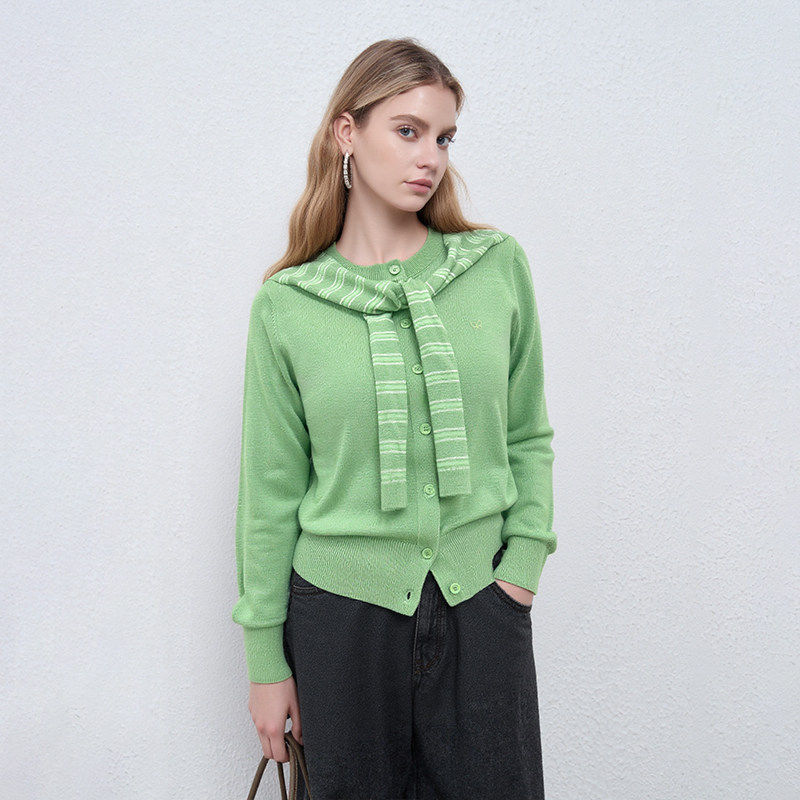 Petit Bari披肩领针织开衫女 撞色条纹小众上衣 春夏新品