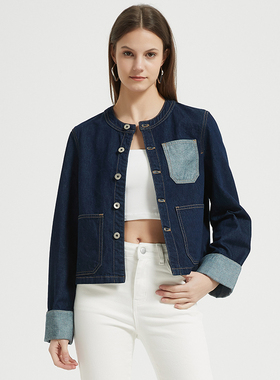 Petit Bari 女士休闲百搭拼色圆领牛仔外套 棉质斜纹丹宁舒适百搭