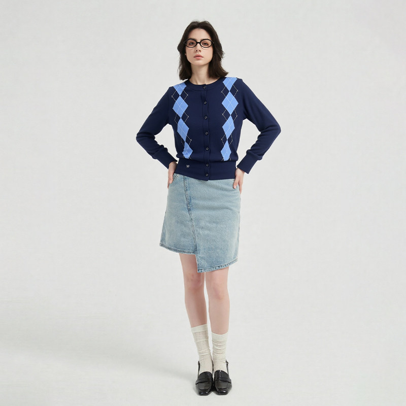 PetitBari趣味叠穿彩点纱撞色假两件针织开衫女 春夏圆领外搭