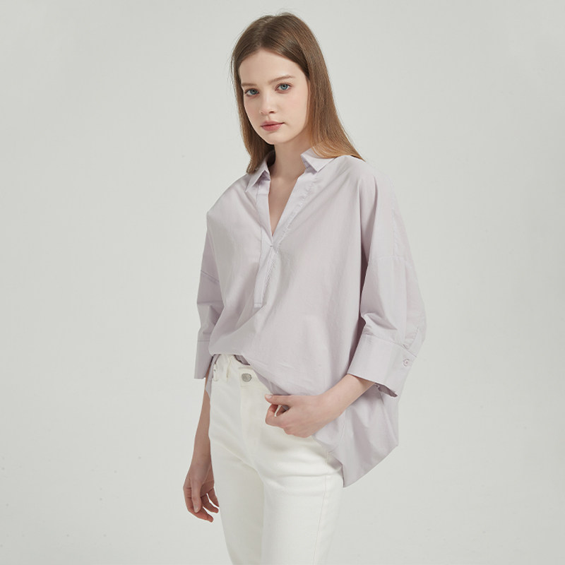 Petit Bari春夏高阶气质箱型翻领V领短袖衬衫女 棉质透气