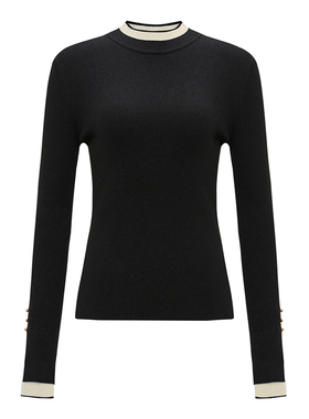 Petit Bari设计感半高领撞色修身针织衫女 绵羊毛混纺打底衫 秋冬