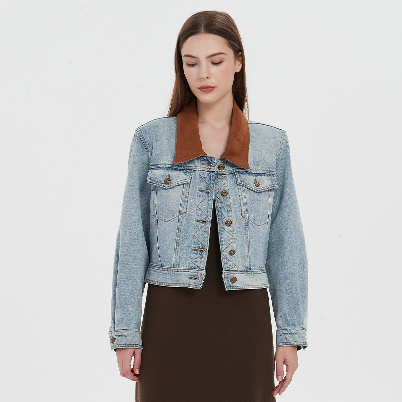 PB复古拼皮短款牛仔夹克外套