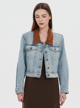 Petit Bari复古拼接翻领短款牛仔夹克女 浅蓝撞色显瘦百搭外套