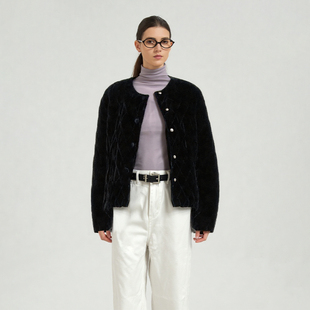 百搭显瘦秋冬 羽绒外套女 Petit Bari复古流光丝绒圆领菱格短款