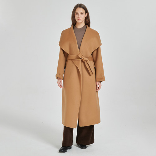 大翻领系带羊毛大衣，长款显气质