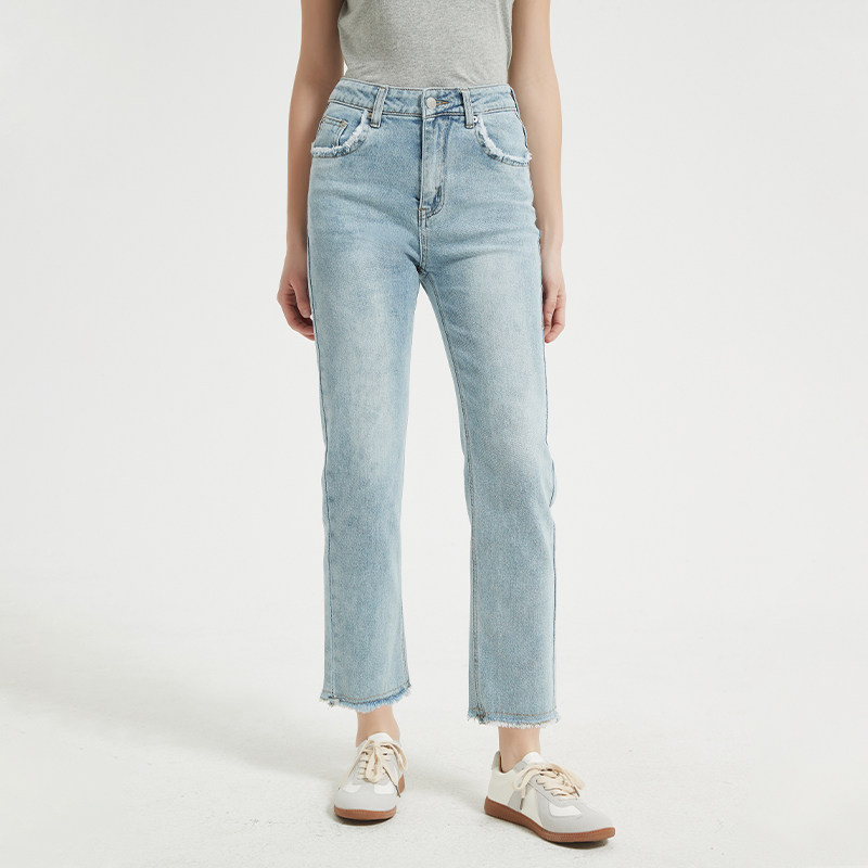 Petit Bari磨毛高腰直筒修身九分牛仔裤女 弹力显瘦百搭长裤 春夏