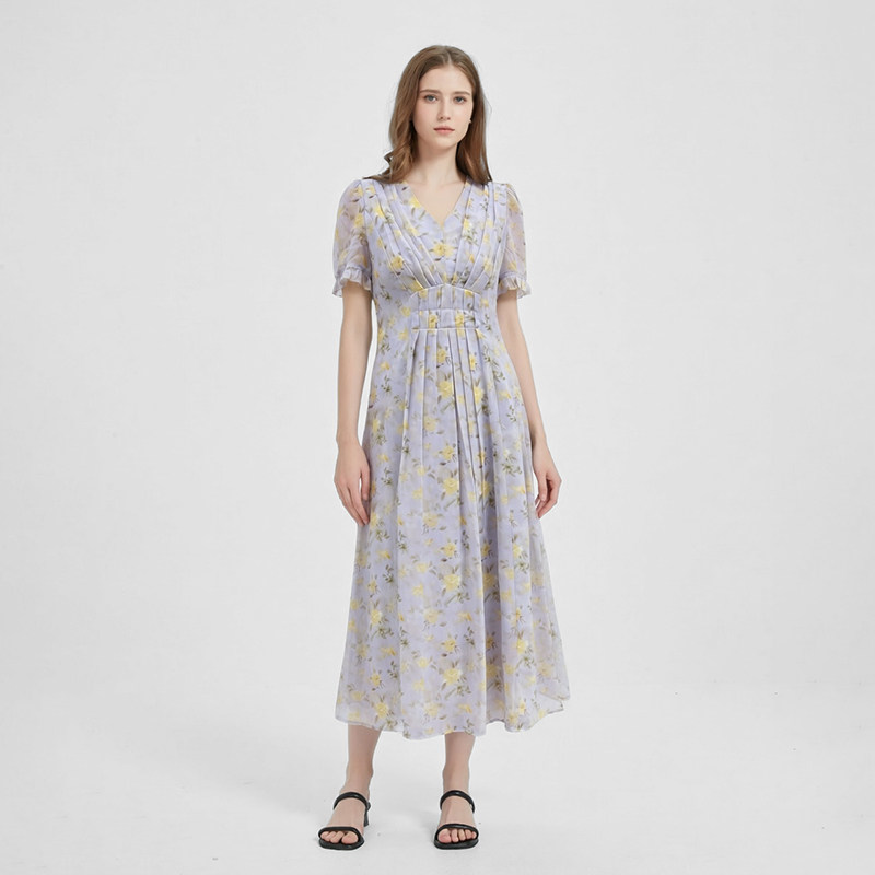 法式浪漫碎花褶皱收腰雪纺连衣裙