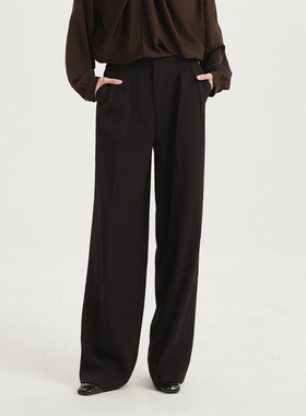 Petit Bari涤纶混纺阔腿休闲裤女松紧腰直筒垂顺宽松显瘦百搭长裤