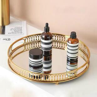 跨境欧式轻奢玻璃金属托盘客厅茶几玄关收纳盘水杯茶盘摆件装饰品