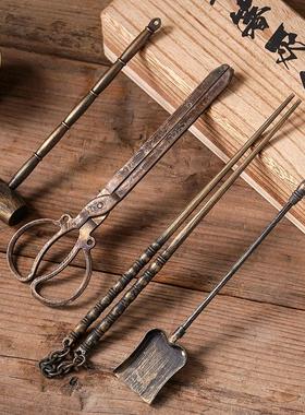 围炉煮茶炭炉工具铜件工艺品潮州功夫茶炉夹碳铜筷子钳子铲子勺子