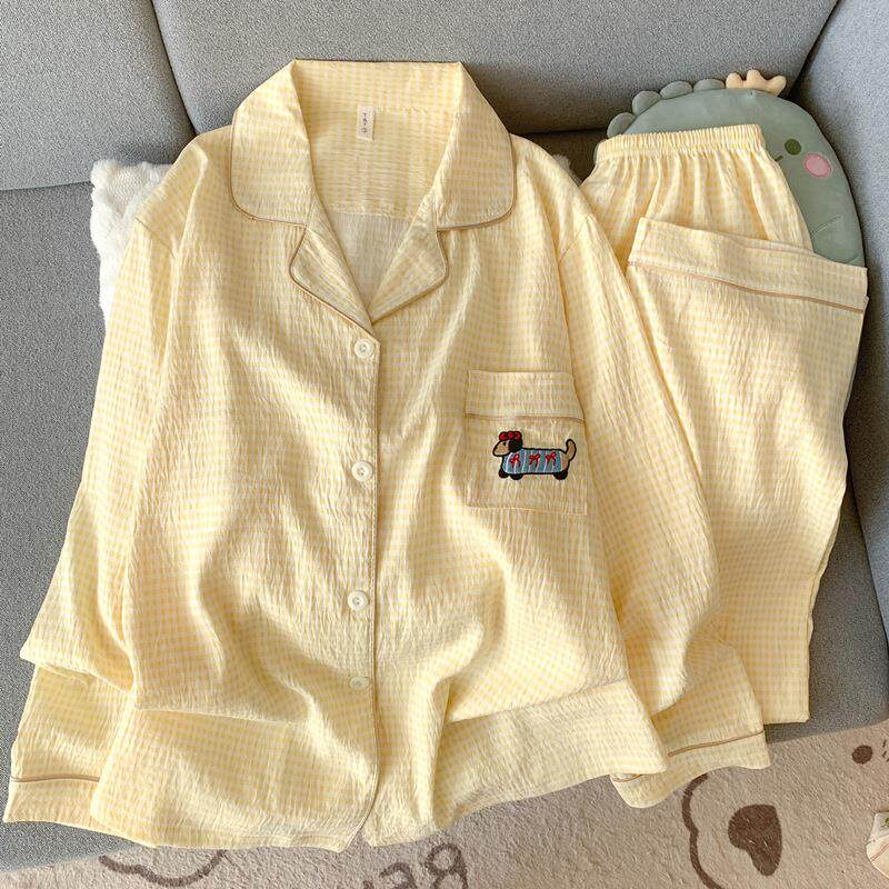 腊肠狗睡衣女款2025新款春秋季纯棉纱布长袖套装开衫棉绸家居服夏