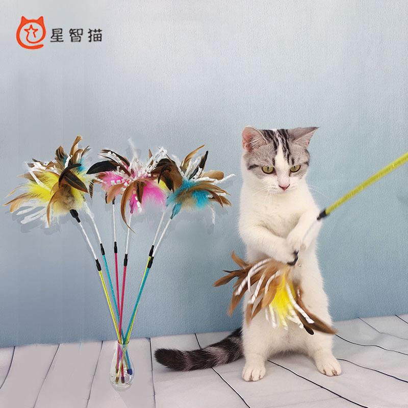 星智猫厂家螺旋火鸡毛逗猫棒猫猫玩具铃铛羽毛耐咬互动逗猫棒
