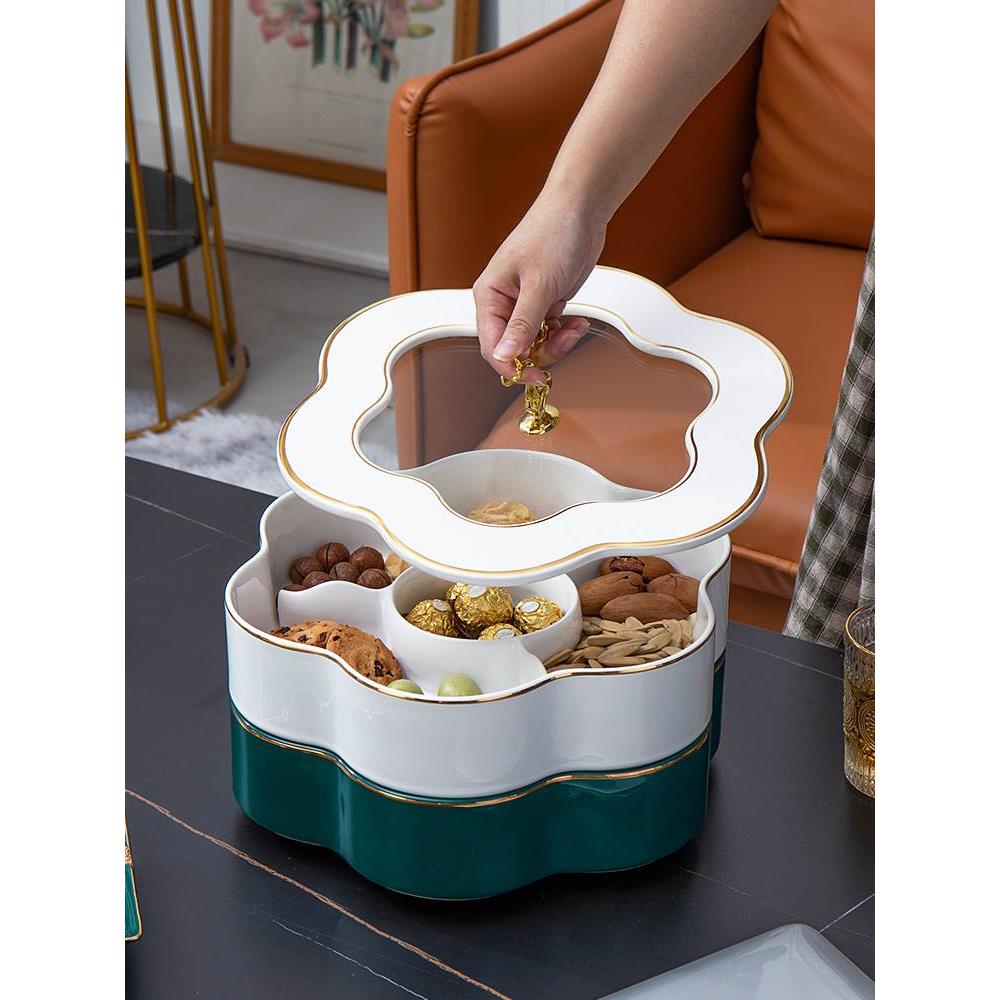 轻奢北欧ins陶瓷糖果盘高档家用客厅创意分格带盖干果收纳盒多层