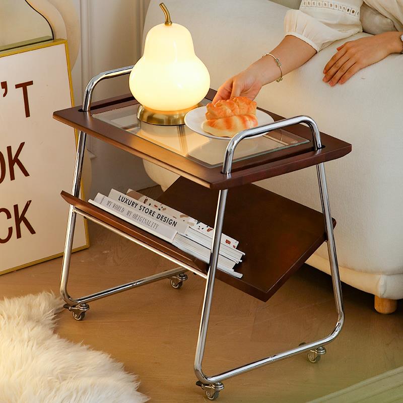 中古风实木边几推车小户型客厅沙发侧可移动茶几餐边床头柜置物架