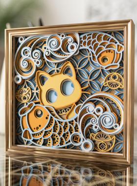 梯木叠雕招财猫创意玄关客厅装饰品摆件高级感小众乔迁礼品工艺礼