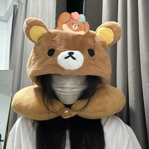 可爱轻松熊U型枕连帽靠枕脖子护颈枕旅行坐车午睡枕头便携式u型枕