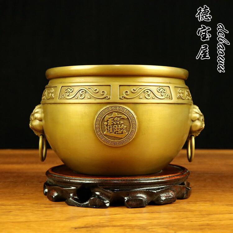 铜缸狮耳缸纯黄铜供奉香炉家用室内仿古大号铜聚宝盆招财聚财摆件