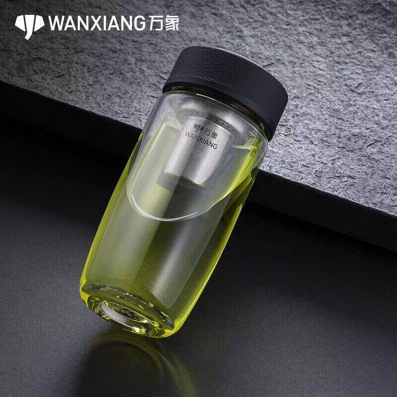 万象定制刻字单层玻璃杯皮纹黑色带杯盖过滤杯子加厚高硼硅大肚杯