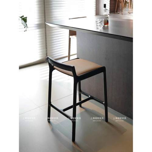 北欧实木吧台椅设计师简约高脚凳靠背高凳前台椅中古家用岛台椅子